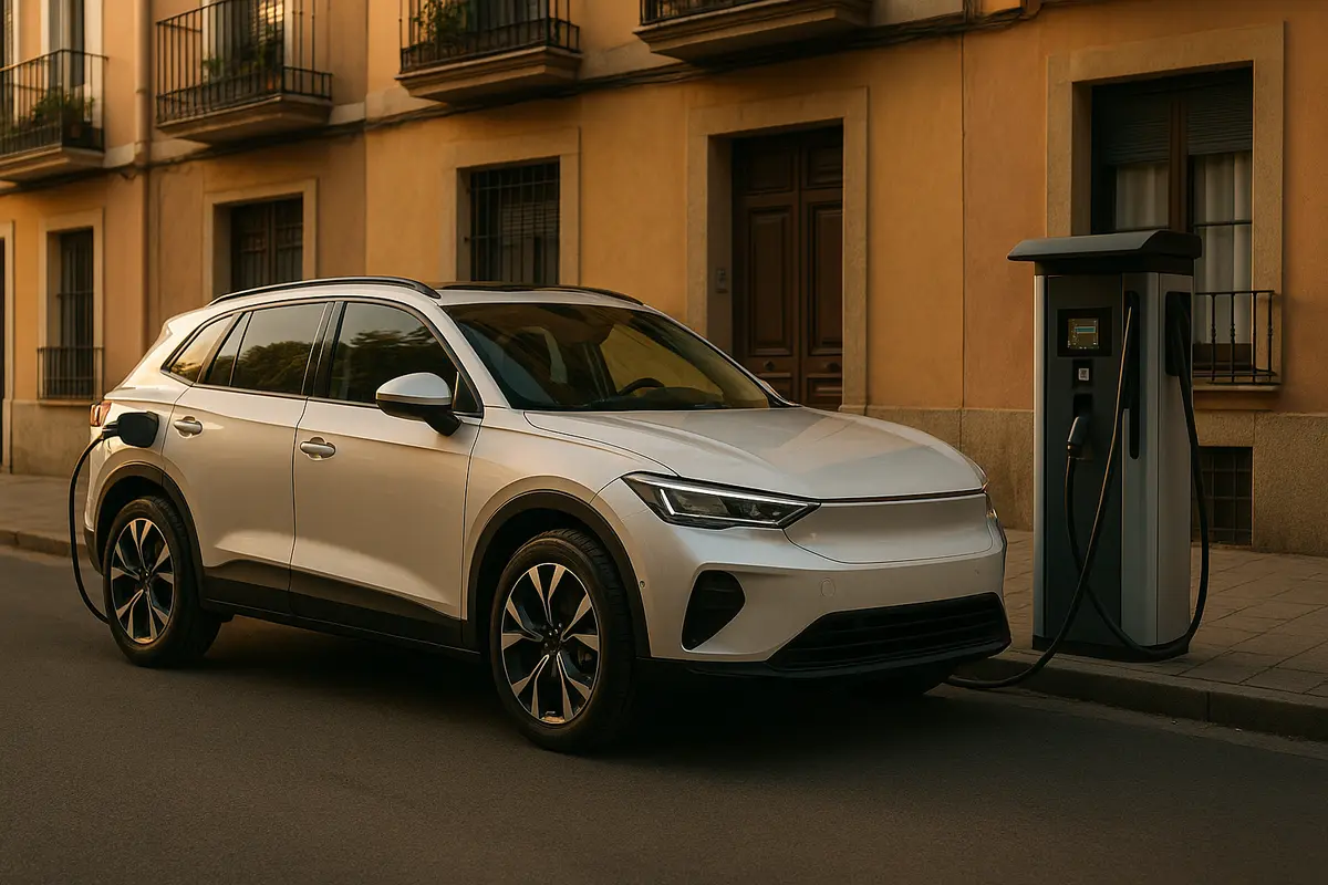 Coche eléctrico cargando en una estación urbana al atardecer