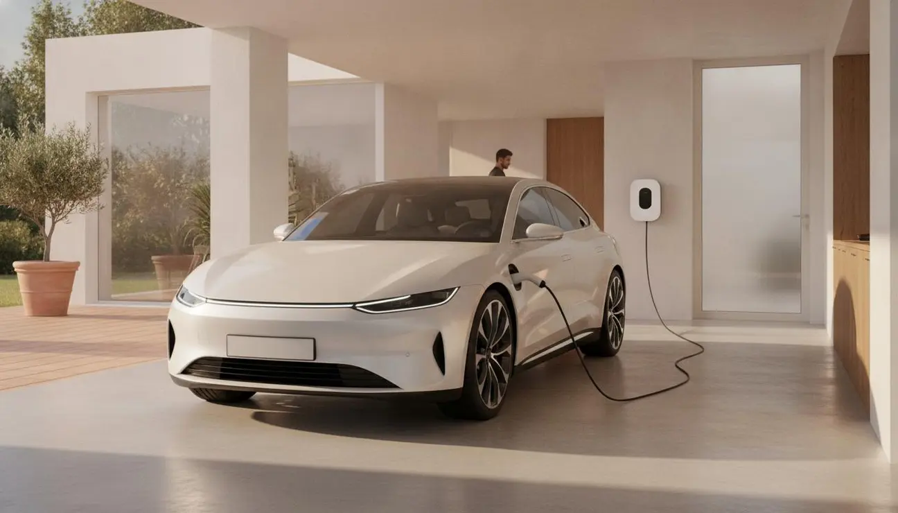 Cargador coche eléctrico en casa instalado en la pared de un garaje