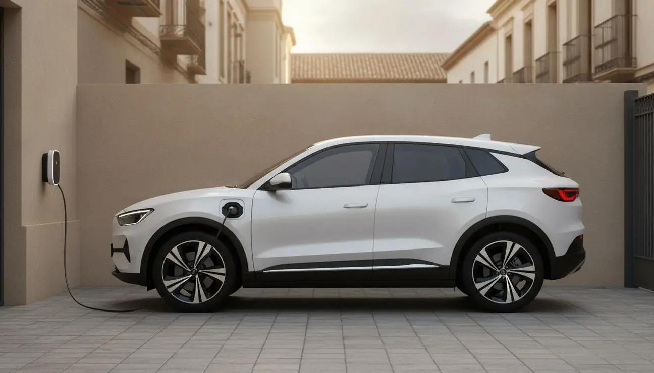 Coche eléctrico conectado a un punto de recarga doméstico al atardecer
