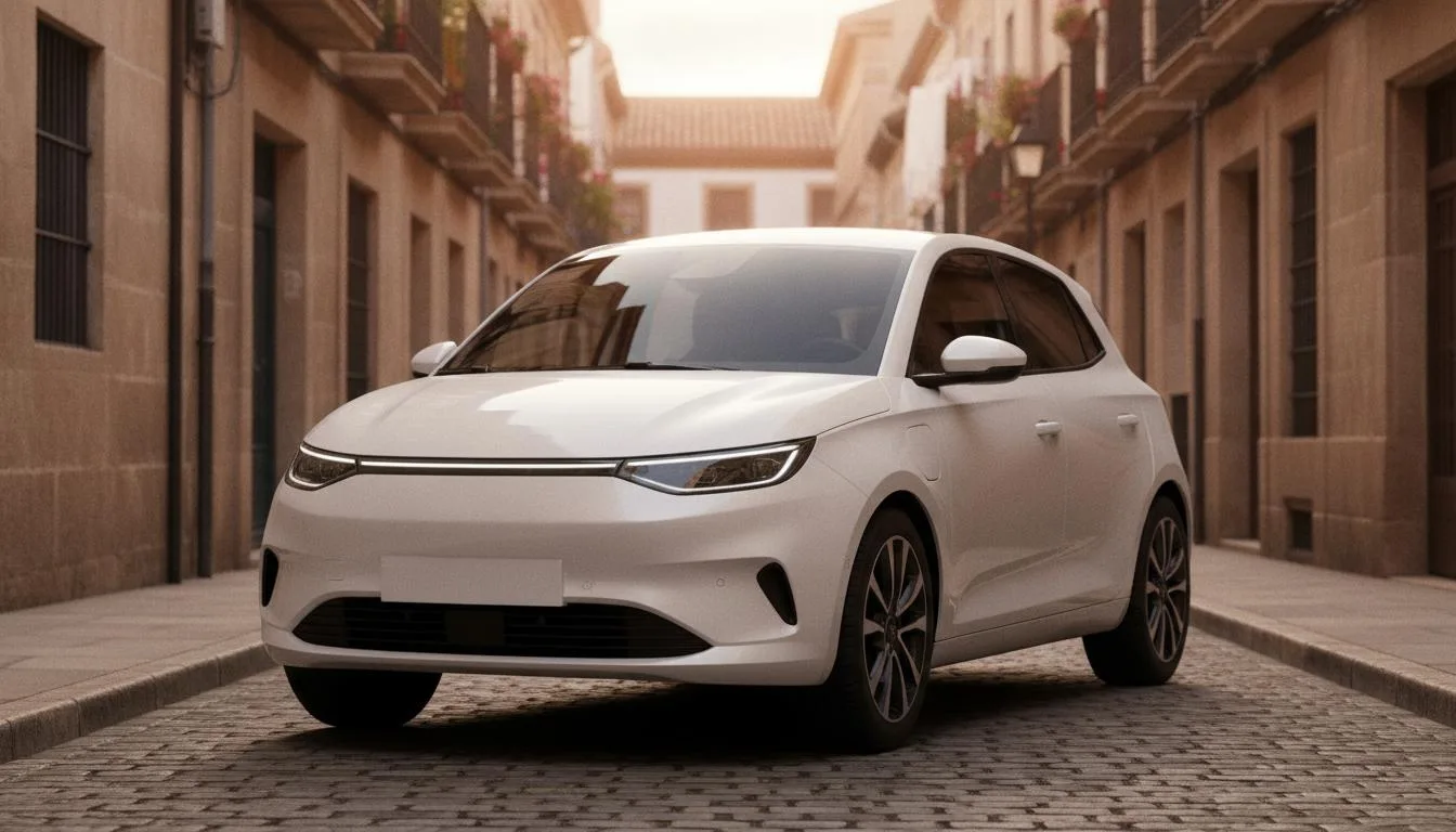 Coche eléctrico compacto urbano aparcado en una calle española al atardecer