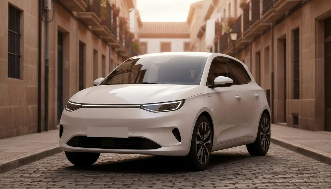 Coche eléctrico compacto urbano aparcado en una calle española al atardecer