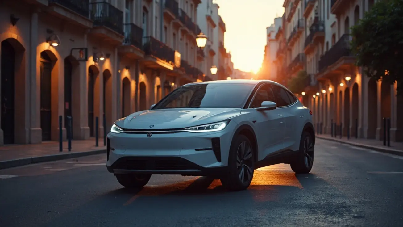SUV eléctrico blanco aparcado en una calle urbana española al atardecer, con un punto de carga al fondo