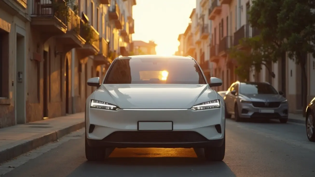 SUV eléctrico blanco aparcado en una calle urbana española al atardecer, símbolo de la nueva oferta europea de movilidad eléctrica